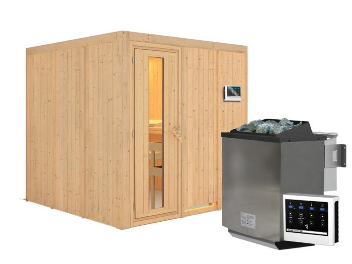 Karibu Sauna Rodin inkl. 9-kW-Bioofen mit externer Steuerung, ohne Dachkranz, mit energiesparender S