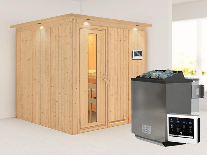 Karibu Sauna Rodin inkl. 9-kW-Bioofen mit externer Steuerung, mit Dachkranz, mit energiesparender Sa
