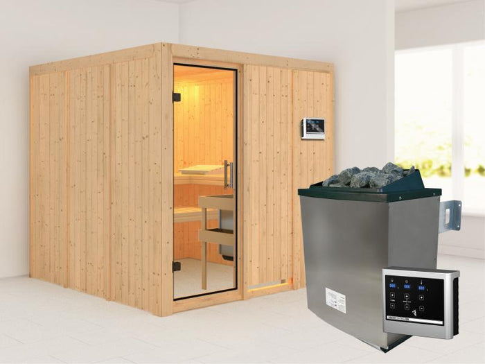 Karibu Sauna Rodin inkl. 9 kW Ofen mit ext. Steuerung, ohne Dachkranz, mit Klarglas Ganzglastür