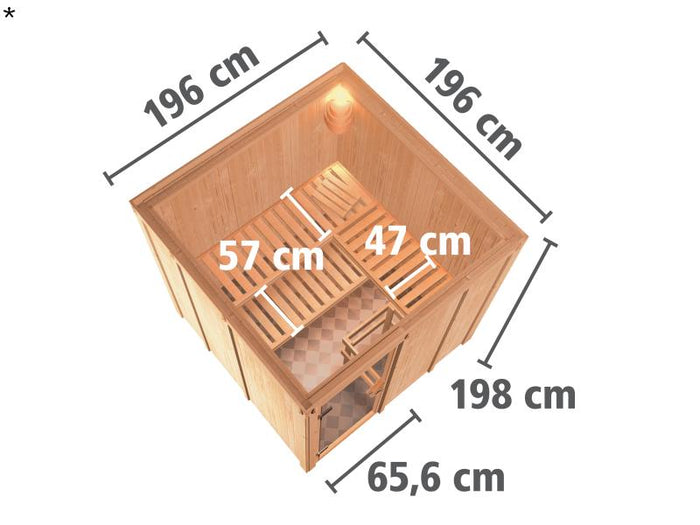 Karibu Sauna Rodin inkl. 9 kW Ofen mit ext. Steuerung, ohne Dachkranz, mit Klarglas Ganzglastür