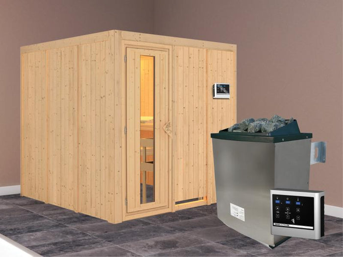 Karibu Sauna Rodin inkl. 9-kW-Ofen mit externer Steuerung, ohne Dachkranz, mit energiesparender Saun