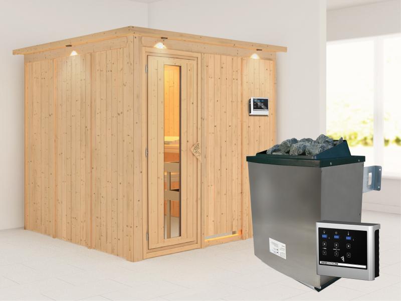Karibu Sauna Rodin inkl. 9-kW-Ofen mit externer Steuerung, mit Dachkranz, mit energiesparender Sauna