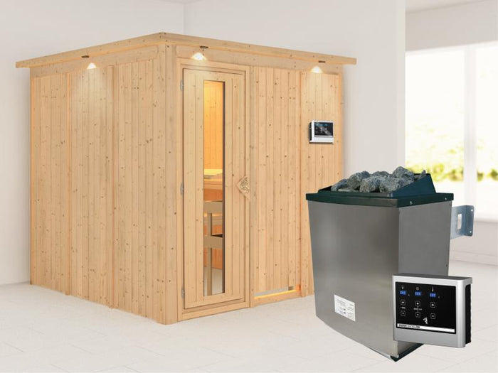 Karibu Sauna Rodin inkl. 9-kW-Ofen mit externer Steuerung, mit Dachkranz, mit energiesparender Sauna