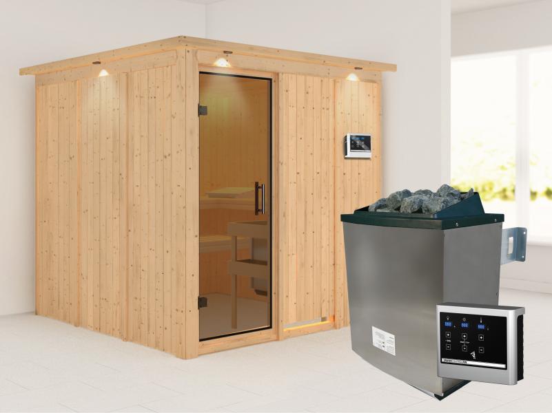 Karibu Sauna Rodin inkl. 9-kW-Ofen mit externer Steuerung, mit Dachkranz, mit moderner Saunatür