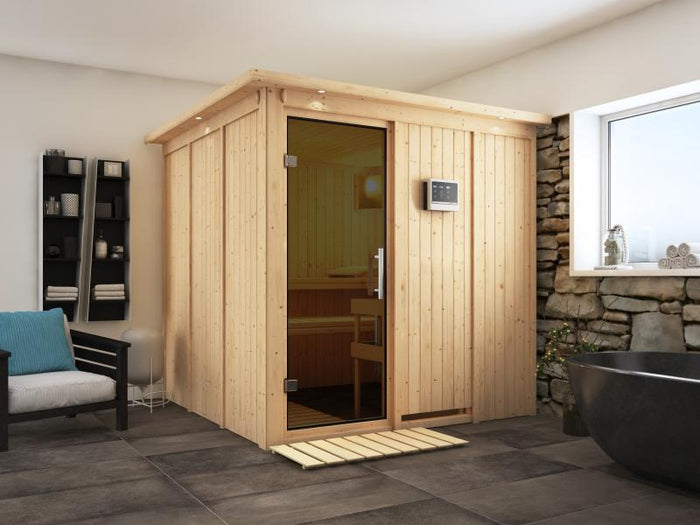 Karibu Sauna Rodin inkl. 9-kW-Ofen mit externer Steuerung, mit Dachkranz, mit moderner Saunatür