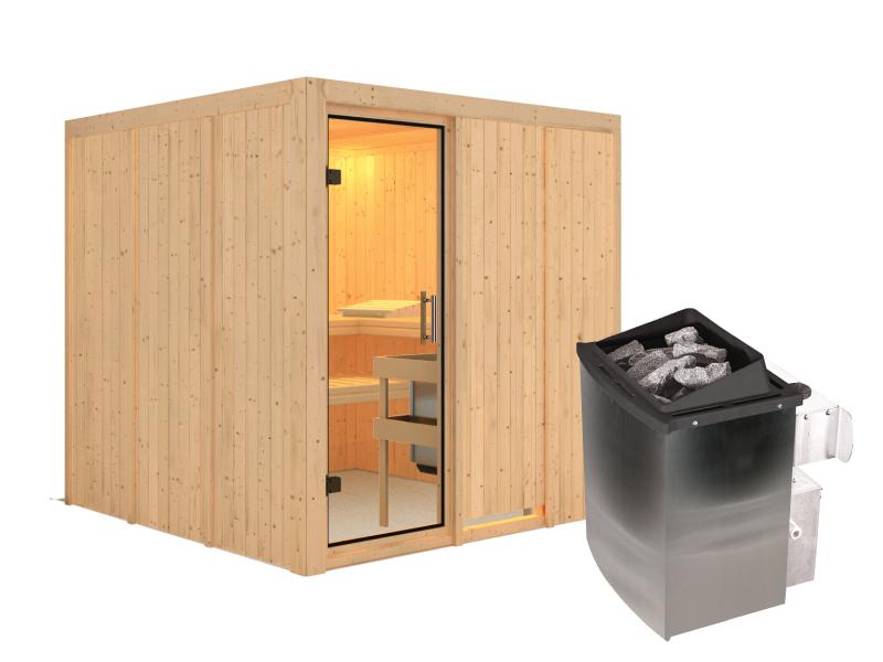 Karibu Sauna Rodin inkl. 9 kW Ofen mit int. Steuerung, ohne Dachkranz, mit Klarglas Ganzglastür