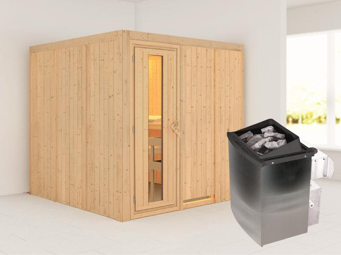 Karibu Sauna Rodin inkl. 9-kW-Ofen mit interner Steuerung, ohne Dachkranz, mit energiesparender Saun