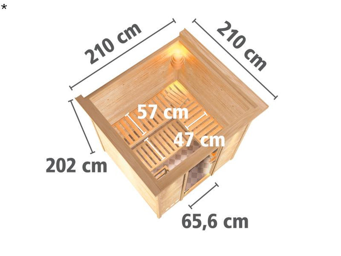 Karibu Sauna Rodin inkl. 9-kW-Ofen mit interner Steuerung, mit Dachkranz, mit moderner Saunatür