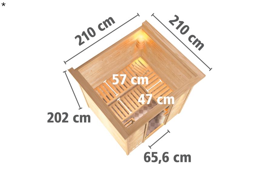 Karibu Sauna Rodin ohne Ofen, mit Dachkranz, mit energiesparender Saunatür