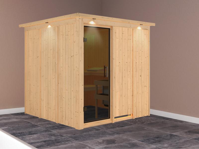 Karibu Sauna Rodin ohne Ofen, mit Dachkranz, mit moderner Saunatür