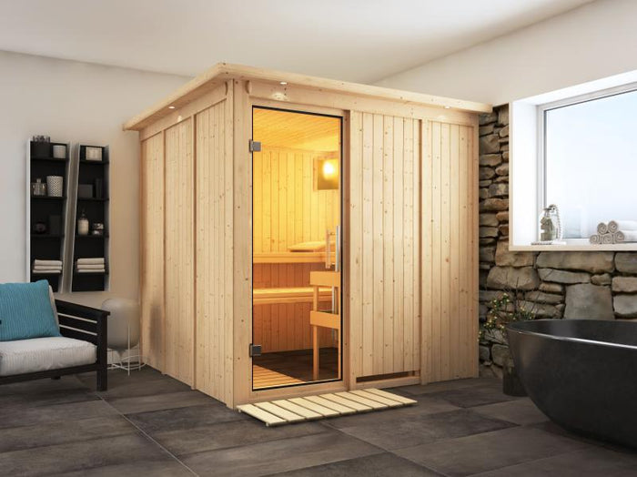 Karibu Sauna Rodin ohne Ofen, mit Dachkranz, mit Klarglas Ganzglastür