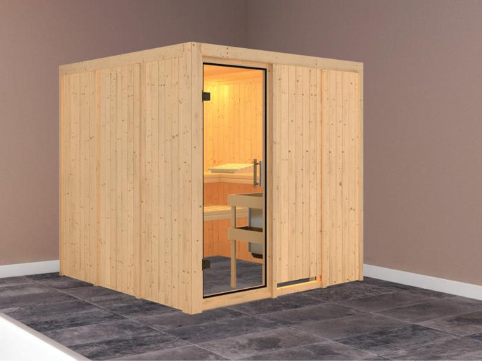 Karibu Sauna Rodin ohne Ofen, ohne Dachkranz, mit Klarglas Ganzglastür