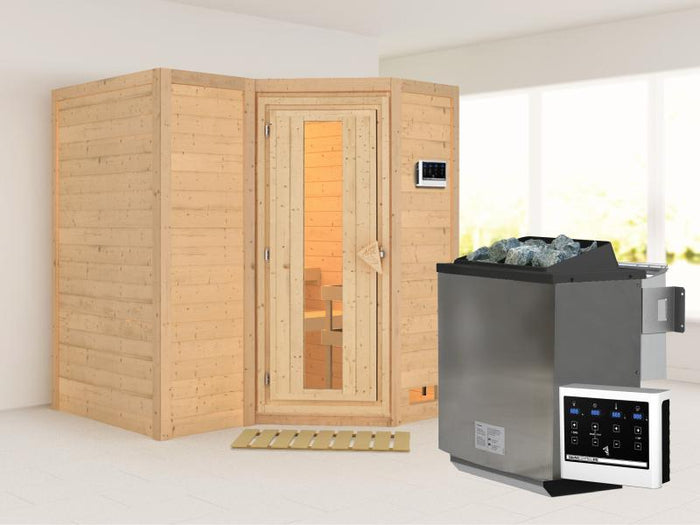 Karibu Sauna Sahib 1 inkl. 9 kW Bioofen ext. Steuerung, mit energiesparender Saunatür -ohne Dachkran