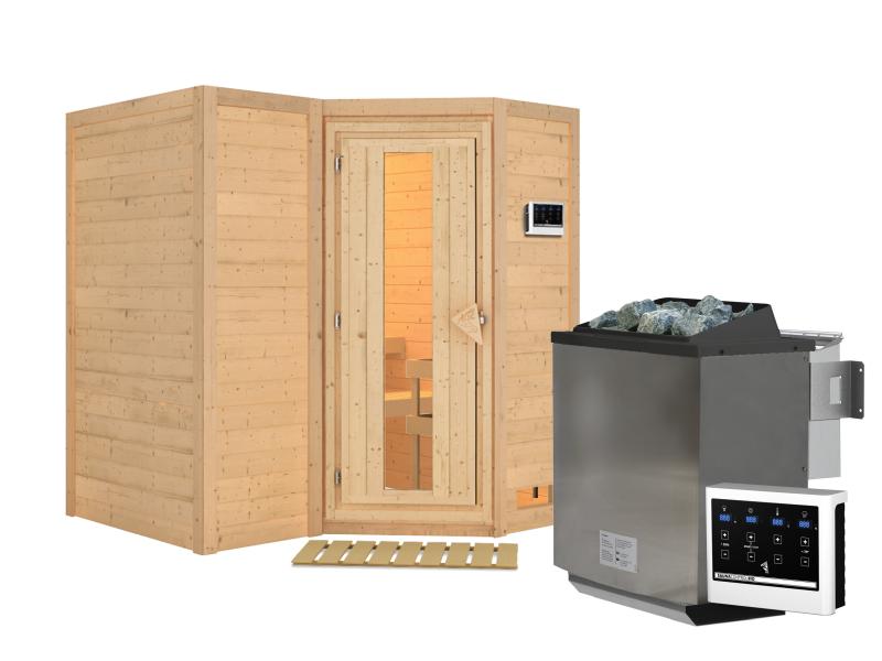 Karibu Sauna Sahib 1 inkl. 9 kW Bioofen ext. Steuerung, mit energiesparender Saunatür -ohne Dachkran