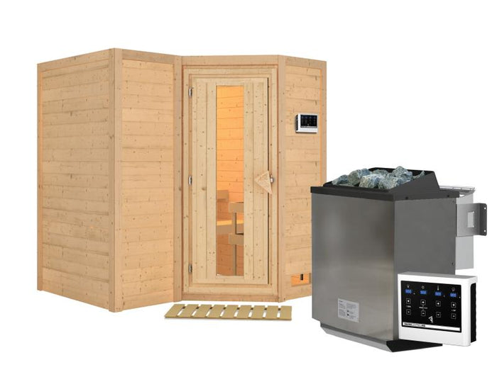 Karibu Sauna Sahib 1 inkl. 9 kW Bioofen ext. Steuerung, mit energiesparender Saunatür -ohne Dachkran