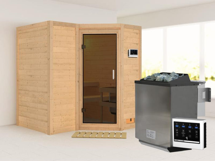 Karibu Sauna Sahib 1 inkl. 9 kW Bioofen ext. Steuerung, mit moderner Saunatür -ohne Dachkranz-