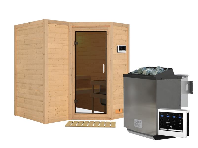 Karibu Sauna Sahib 1 inkl. 9 kW Bioofen ext. Steuerung, mit moderner Saunatür -ohne Dachkranz-