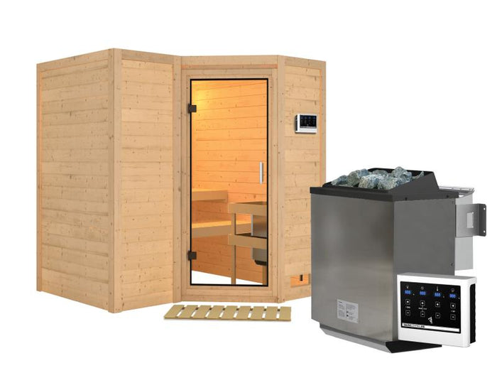 Karibu Sauna Sahib 1 inkl. 9 kW Bioofen ext. Steuerung, mit Klarglas-Ganzglastür - ohne Dachkranz-