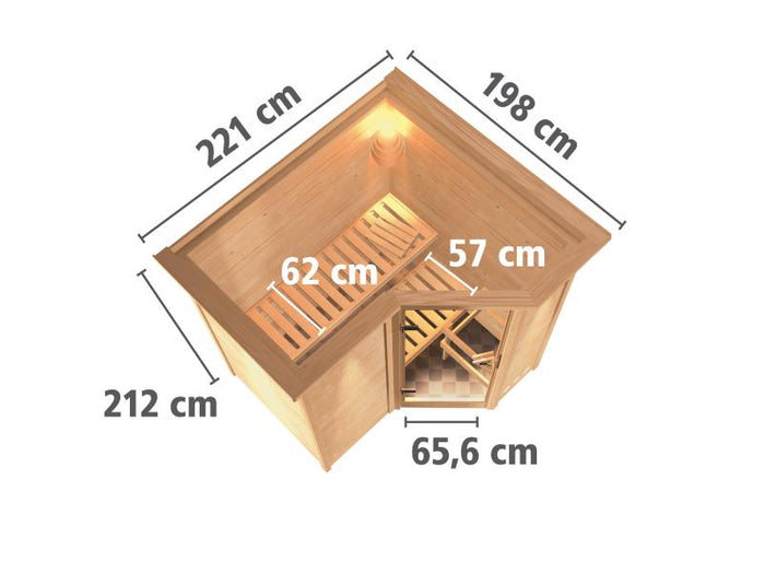 Karibu Sauna Sahib 1 inkl. 9 kW Bioofen mit ext. Steuerung, mit Klarglas-Ganzglastür -mit Dachkranz-
