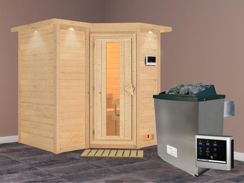 Karibu Sauna Sahib 1 inkl. 9 kW Ofen ext. Steuerung, mit energiesparender Saunatür -mit Dachkranz-