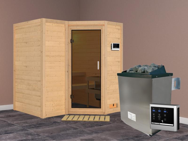 Karibu Sauna Sahib 1 inkl. 9 kW Ofen ext. Steuerung, mit moderner Saunatür -ohne Dachkranz-