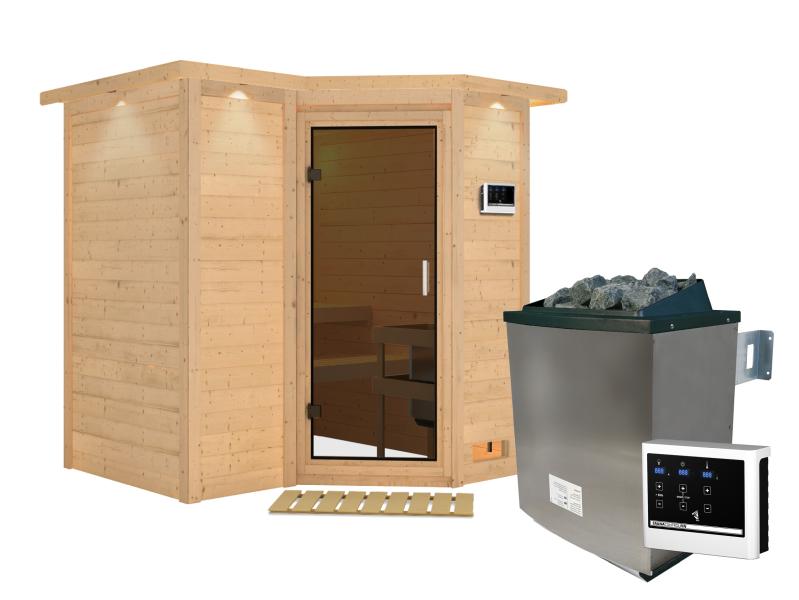 Karibu Sauna Sahib 1 inkl. 9 kW Ofen ext. Steuerung, mit moderner Saunatür, -mit Dachkranz-