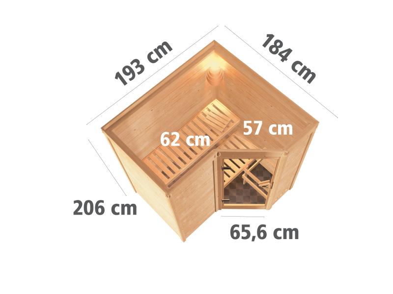 Karibu Sauna Sahib 1 inkl. 9 kW Ofen mit integr. Steuerung, mit Klarglas-Ganzglastür -ohne Dachkranz