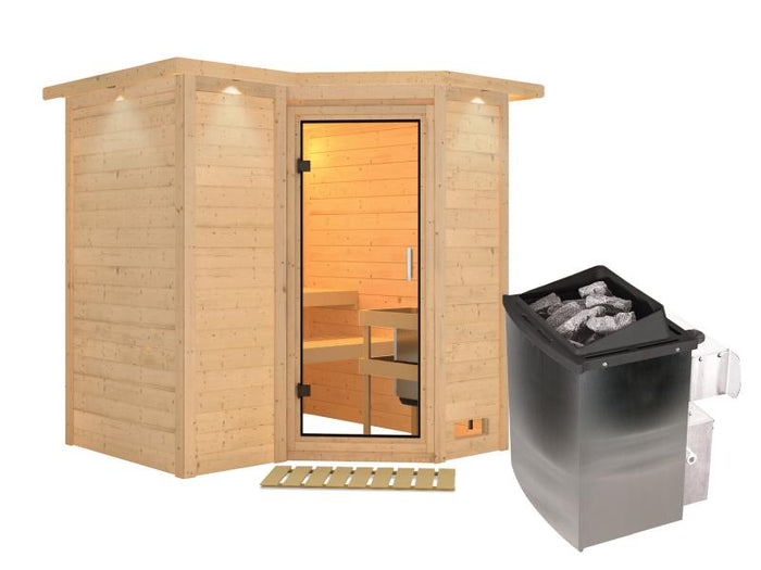 Karibu Sauna Sahib 1 inkl. 9 kW Ofen mit integr. Steuerung, mit Klarglas-Ganzglastür -mit Dachkranz-