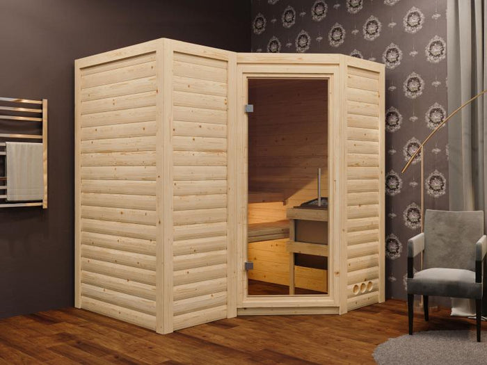 Karibu Sauna Sahib 1 ohne Ofen, mit Klarglas Ganzglastür -ohne Dachkranz-