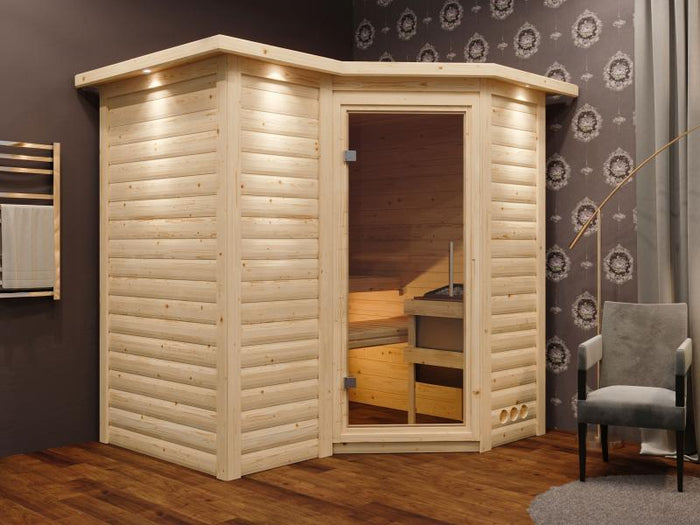 Karibu Sauna Sahib 1 ohne Ofen, mit Klarglas-Ganzglastür -mit Dachkranz-