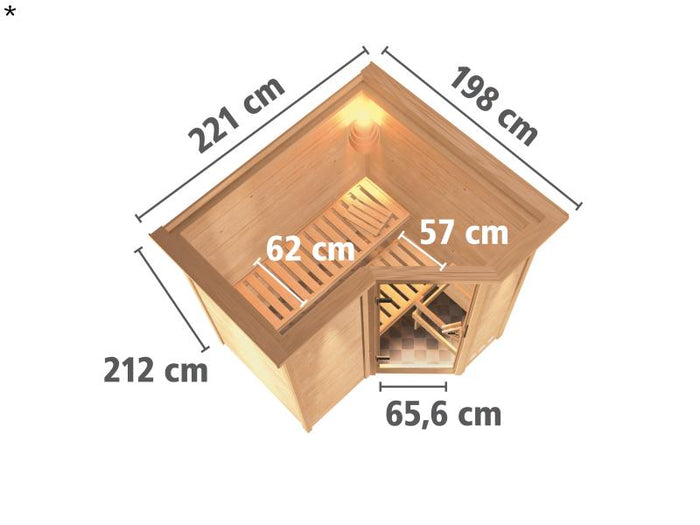 Karibu Sauna Sahib 1 ohne Ofen, mit Klarglas-Ganzglastür -mit Dachkranz-