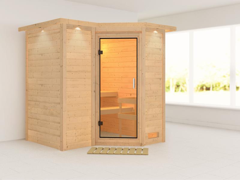 Karibu Sauna Sahib 1 ohne Ofen, mit Klarglas-Ganzglastür -mit Dachkranz-