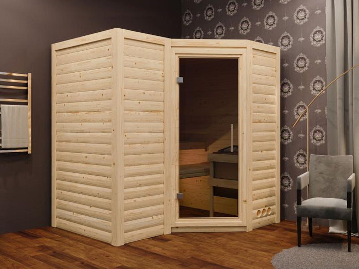 Karibu Sauna Sahib 1 ohne Ofen,  mit moderner Saunatür -ohne Dachkranz-