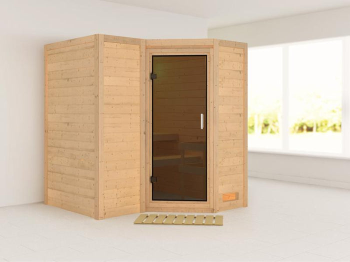 Karibu Sauna Sahib 1 ohne Ofen,  mit moderner Saunatür -ohne Dachkranz-