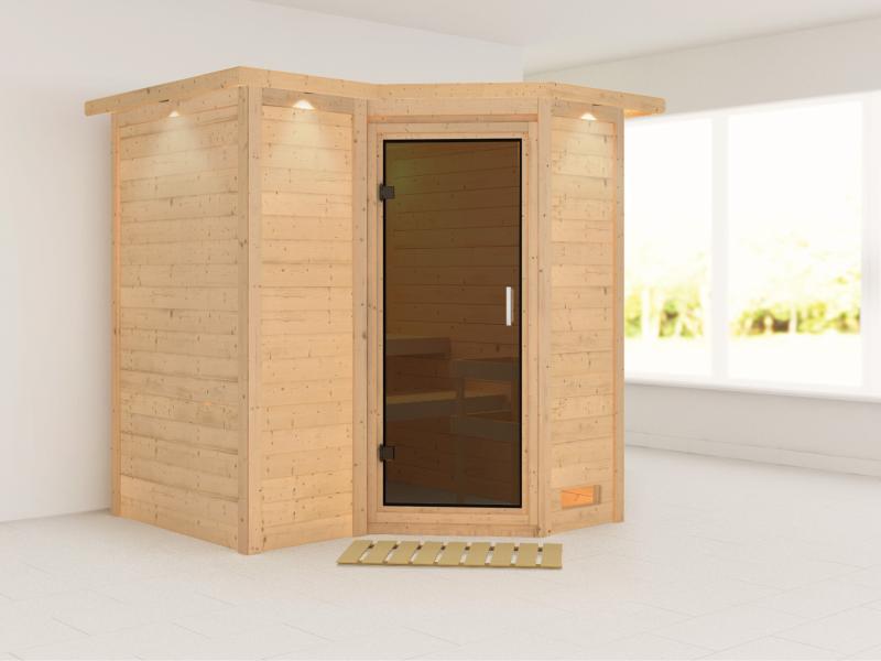 Karibu Sauna Sahib 1 ohne Ofen,  mit moderner Saunatür -mit Dachkranz-