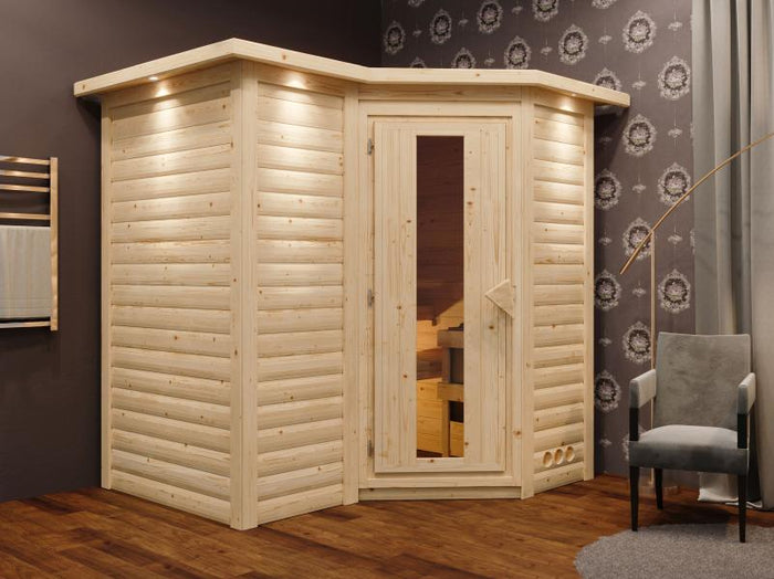 Karibu Sauna Sahib 1 ohne Ofen, mit energiesparender Saunatür -mit Dachkranz-