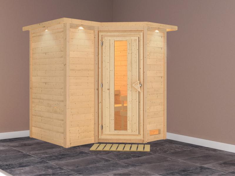 Karibu Sauna Sahib 1 ohne Ofen, mit energiesparender Saunatür -mit Dachkranz-