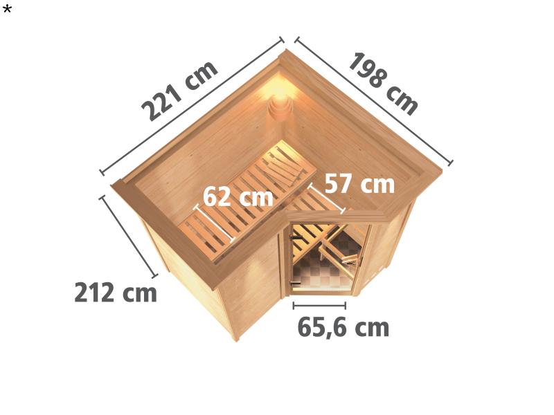 Karibu Sauna Sahib 1 ohne Ofen, mit energiesparender Saunatür -mit Dachkranz-