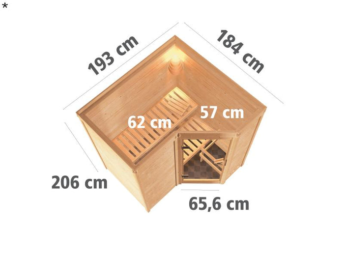 Karibu Sauna Sahib 1, inkl. 9 kW Bioofen ext. Steuerung, mit klassischer Tür -ohne Dachkranz-