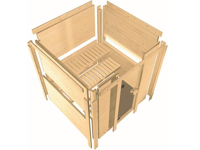 Karibu Sauna Sahib 1, inkl. 9 kW Bioofen ext. Steuerung, mit klassischer Tür -ohne Dachkranz-