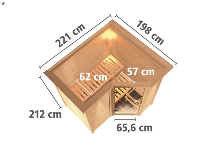 Karibu Sauna Sahib 1, ohne Ofen, mit klassischer Saunatür -mit Dachkranz-