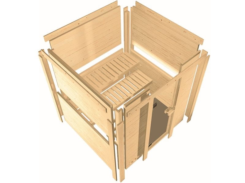 Karibu Sauna Sahib 1, ohne Ofen, mit klassischer Saunatür -mit Dachkranz-