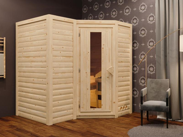 Karibu Sauna Sahib 1, ohne Ofen, mit energiesparender Saunatür -ohne Dachkranz-