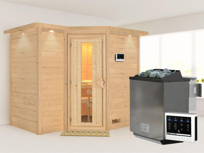 Karibu Sauna Sahib 2 inkl. 9-kW-Bioofen mit externer Steuerung, mit Dachkranz, mit energiesparender