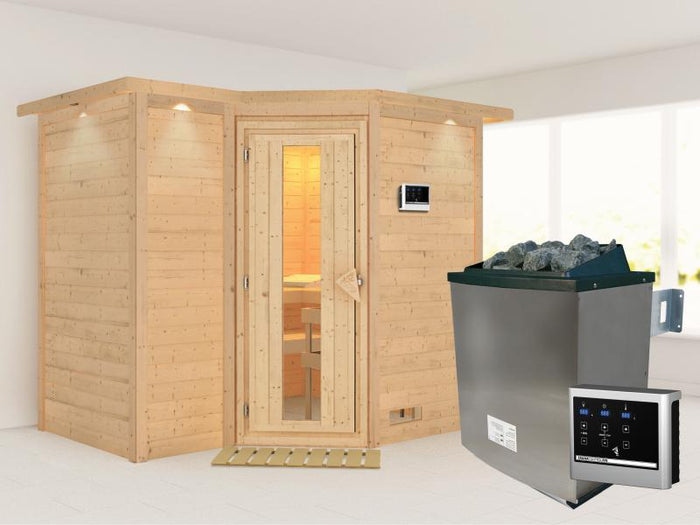 Karibu Sauna Sahib 2 inkl. 9-kW-Ofen mit externer Steuerung, mit Dachkranz, mit energiesparender Sau