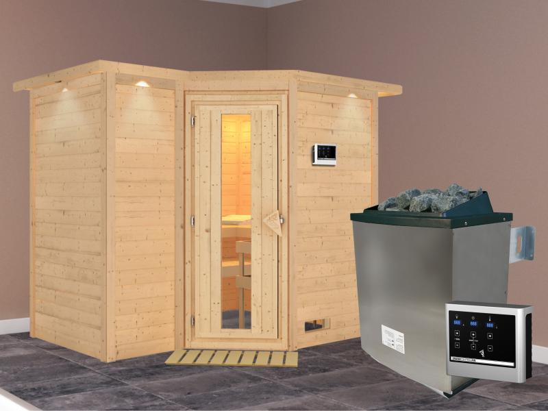 Karibu Sauna Sahib 2 inkl. 9-kW-Ofen mit externer Steuerung, mit Dachkranz, mit energiesparender Sau