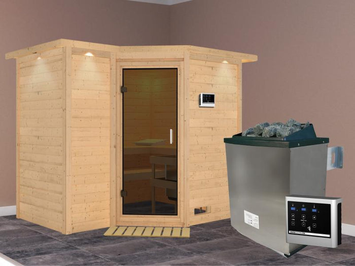 Karibu Sauna Sahib 2 inkl. 9-kW-Ofen mit externer Steuerung, mit Dachkranz, mit moderner Saunatür
