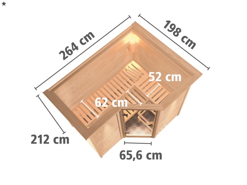 Karibu Sauna Sahib 2 inkl. 9-kW-Ofen mit externer Steuerung, mit Dachkranz, mit moderner Saunatür