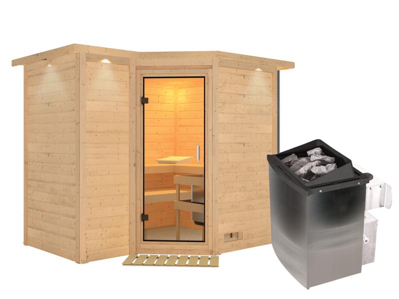 Karibu Sauna Sahib 2 inkl. 9 kW Ofen mit int. Steuerung, mit Dachkranz, mit Klarglas Ganzglastür