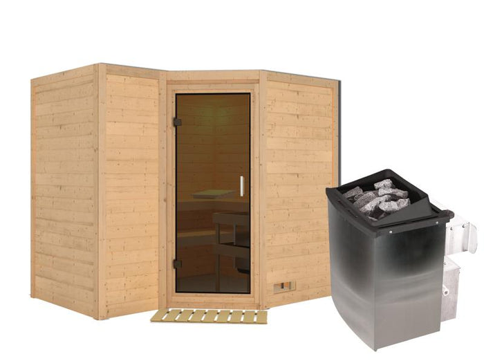 Karibu Sauna Sahib 2 inkl. 9-kW-Ofen mit interner Steuerung, ohne Dachkranz, mit moderner Saunatür